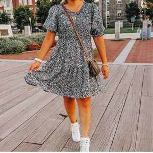 “Wild Fable”, blue floral, smocked bodice, tiered babydoll dress, size M